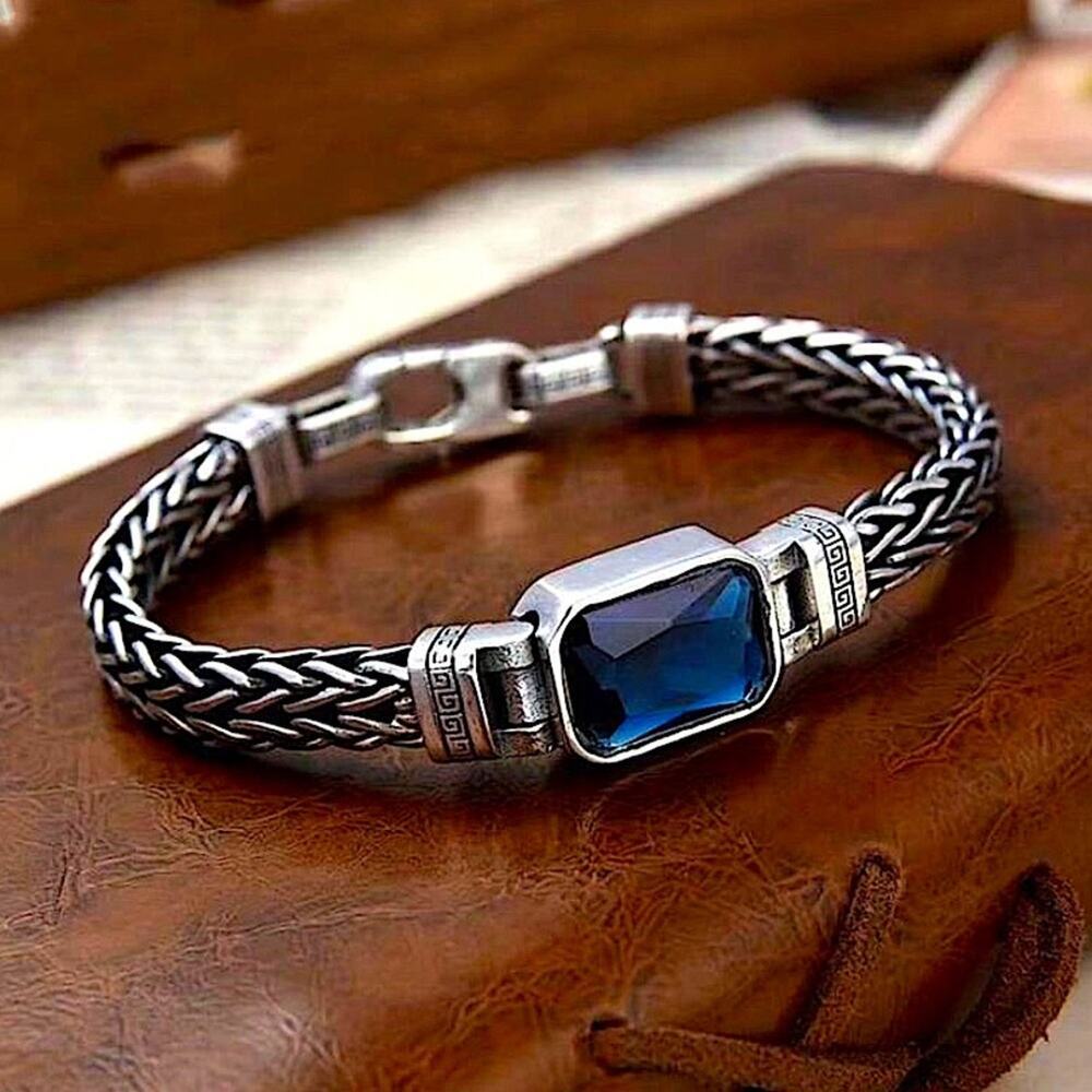 Sterling Silver Blue Zircon Braided Bracelet, Unisex, Handmade
